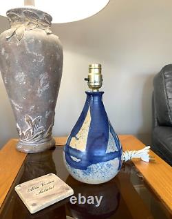 Vintage Schaefer Studio Art Pottery Chorded Table Lamp Dark Blue Glaze Signed