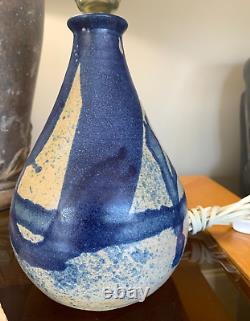 Vintage Schaefer Studio Art Pottery Chorded Table Lamp Dark Blue Glaze Signed