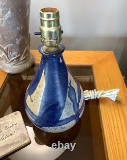 Vintage Schaefer Studio Art Pottery Chorded Table Lamp Dark Blue Glaze Signed