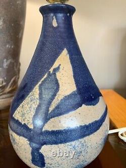 Vintage Schaefer Studio Art Pottery Chorded Table Lamp Dark Blue Glaze Signed