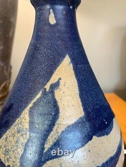 Vintage Schaefer Studio Art Pottery Chorded Table Lamp Dark Blue Glaze Signed