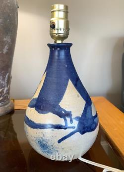 Vintage Schaefer Studio Art Pottery Chorded Table Lamp Dark Blue Glaze Signed