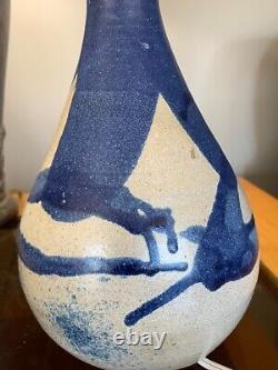 Vintage Schaefer Studio Art Pottery Chorded Table Lamp Dark Blue Glaze Signed