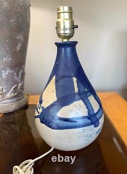 Vintage Schaefer Studio Art Pottery Chorded Table Lamp Dark Blue Glaze Signed