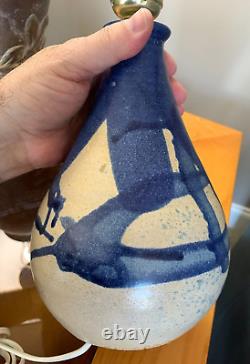 Vintage Schaefer Studio Art Pottery Chorded Table Lamp Dark Blue Glaze Signed