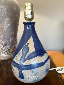 Vintage Schaefer Studio Art Pottery Chorded Table Lamp Dark Blue Glaze Signed