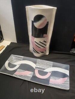 Vintage Signed 1980s Memphis New Wave Style Studio Pottery Vase and Tray