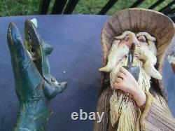 Vintage Signed CHREST Studio Art Pottery Wizard and Dragon Stoneware Statue 13
