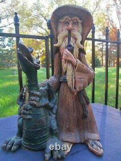 Vintage Signed CHREST Studio Art Pottery Wizard and Dragon Stoneware Statue 13