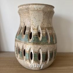 Vintage Signed D. Lewis Blue Art Pottery Large 8.5 Candle Holder Beige Green