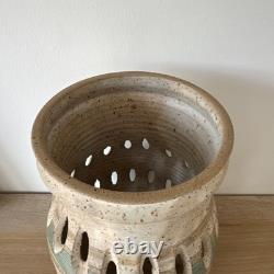 Vintage Signed D. Lewis Blue Art Pottery Large 8.5 Candle Holder Beige Green