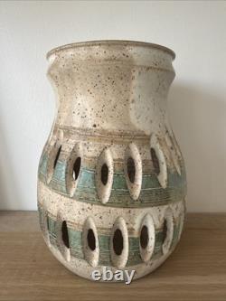 Vintage Signed D. Lewis Blue Art Pottery Large 8.5 Candle Holder Beige Green