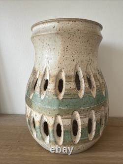 Vintage Signed D. Lewis Blue Art Pottery Large 8.5 Candle Holder Beige Green