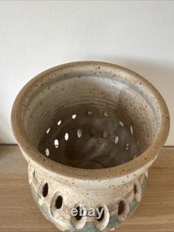 Vintage Signed D. Lewis Blue Art Pottery Large 8.5 Candle Holder Beige Green