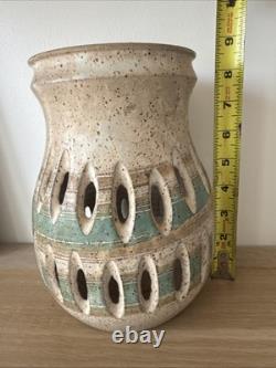 Vintage Signed D. Lewis Blue Art Pottery Large 8.5 Candle Holder Beige Green