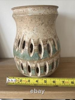 Vintage Signed D. Lewis Blue Art Pottery Large 8.5 Candle Holder Beige Green