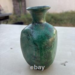 Vintage Signed LG /CG Studio Art Pottery Green Glaze Bulbous Vase 7 Flared Rim