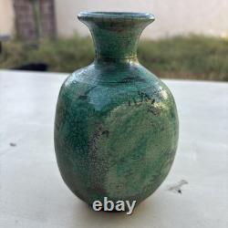 Vintage Signed LG /CG Studio Art Pottery Green Glaze Bulbous Vase 7 Flared Rim