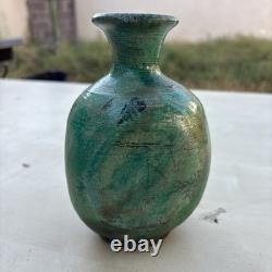 Vintage Signed LG /CG Studio Art Pottery Green Glaze Bulbous Vase 7 Flared Rim