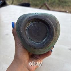 Vintage Signed LG /CG Studio Art Pottery Green Glaze Bulbous Vase 7 Flared Rim