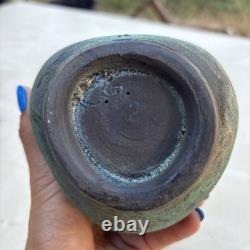 Vintage Signed LG /CG Studio Art Pottery Green Glaze Bulbous Vase 7 Flared Rim