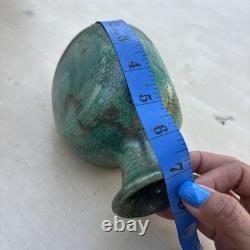 Vintage Signed LG /CG Studio Art Pottery Green Glaze Bulbous Vase 7 Flared Rim