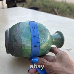 Vintage Signed LG /CG Studio Art Pottery Green Glaze Bulbous Vase 7 Flared Rim