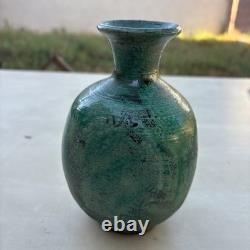 Vintage Signed LG /CG Studio Art Pottery Green Glaze Bulbous Vase 7 Flared Rim