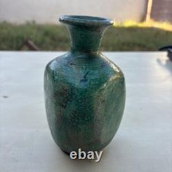 Vintage Signed LG /CG Studio Art Pottery Green Glaze Bulbous Vase 7 Flared Rim