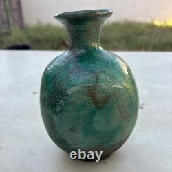 Vintage Signed LG /CG Studio Art Pottery Green Glaze Bulbous Vase 7 Flared Rim