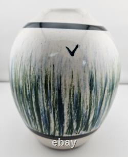 Vintage Signed Mkox Hand Painted Birds & Grass Vase -Glazed Studio Pottery 1982
