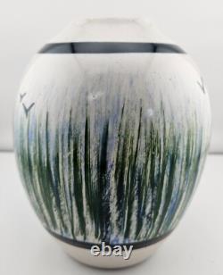 Vintage Signed Mkox Hand Painted Birds & Grass Vase -Glazed Studio Pottery 1982