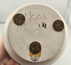 Vintage Signed Mkox Hand Painted Birds & Grass Vase -Glazed Studio Pottery 1982