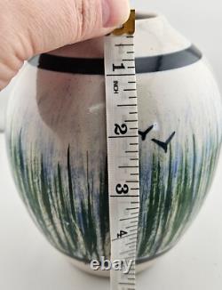 Vintage Signed Mkox Hand Painted Birds & Grass Vase -Glazed Studio Pottery 1982