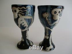 Vintage Signed Pop Art Challice Goblet Cup Pottery Studio Ceramic Skull Bones