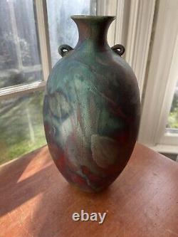 Vintage Signed Raku Studio Art Pottery Vase Green & Black 11 1/4 with handles