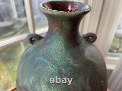 Vintage Signed Raku Studio Art Pottery Vase Green & Black 11 1/4 with handles
