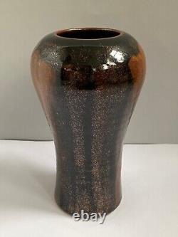 Vintage Signed Studio Art Pottery Stoneware Vase Golden Tenmoku Japanese Brown