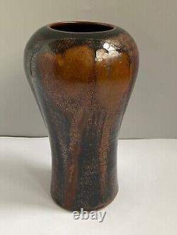 Vintage Signed Studio Art Pottery Stoneware Vase Golden Tenmoku Japanese Brown