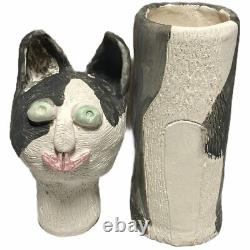 Vintage Signed Studio Art Pottery Whimsical Cat Vessel with Lid