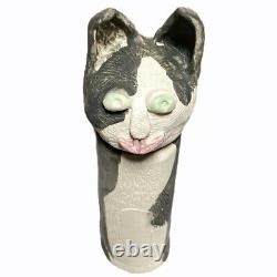 Vintage Signed Studio Art Pottery Whimsical Cat Vessel with Lid