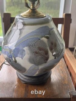 Vintage Signed Studio Pottery Table Lamp Mid Century Modern Abstract Stoneware