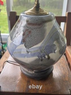 Vintage Signed Studio Pottery Table Lamp Mid Century Modern Abstract Stoneware