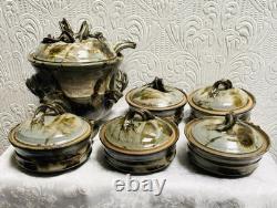 Vintage Signed Studio Pottery Tureen Spoon & 5 Soup Bowls