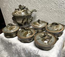 Vintage Signed Studio Pottery Tureen Spoon & 5 Soup Bowls