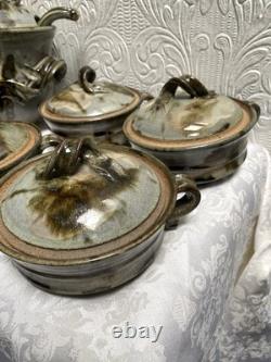 Vintage Signed Studio Pottery Tureen Spoon & 5 Soup Bowls