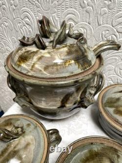 Vintage Signed Studio Pottery Tureen Spoon & 5 Soup Bowls