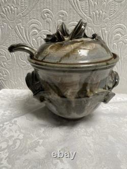 Vintage Signed Studio Pottery Tureen Spoon & 5 Soup Bowls