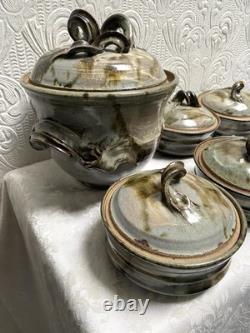 Vintage Signed Studio Pottery Tureen Spoon & 5 Soup Bowls
