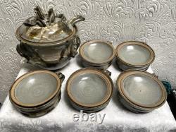 Vintage Signed Studio Pottery Tureen Spoon & 5 Soup Bowls